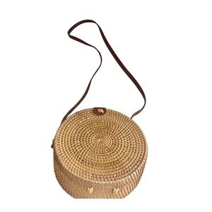 Woven Rattan Crossbody Bag Bohemian Floral Lining Round Purse